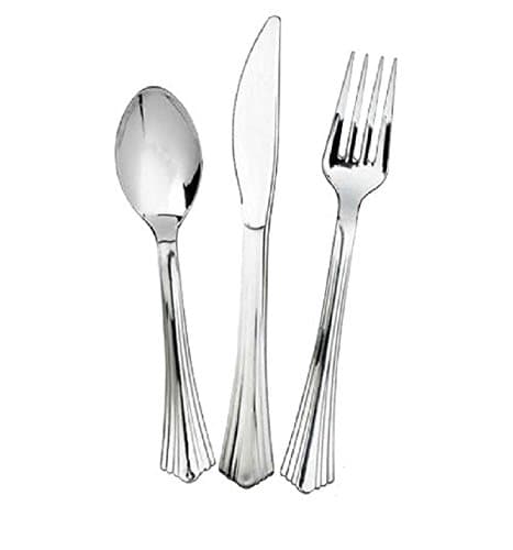 100 Sets Silver Plastic Silverware, Silver Look Cutlery Combo of 300 Pieces Includes 100 Forks, 100 Knives, 100 Spoons