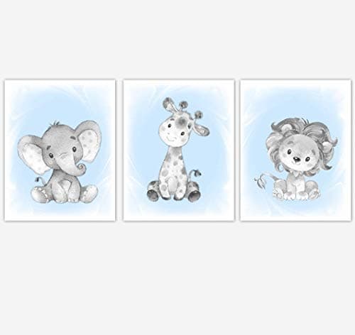 NNNNOOO Safari Animals Baby Boy Nursery Wall Art Pictures Blue Elephant Giraffe Lion Baby Nursery Decor 3 Pieces Canvas Print