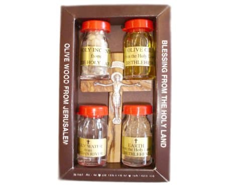 Holy Land Package Olive Wood Cross, Olive Oil, Soil, Water, Incens