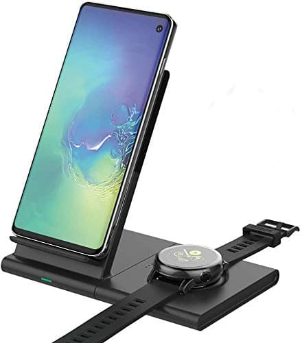 Wireless Charger Stand with Pad, Qi Fast Charging Station Compatible with Samsung Watch Active/Active 2/42mm/46mm/Gear, Galaxy Note10/S10/S9, i Phone 11/11 Pro/XR/X/8, AirPods 2, Galaxy Buds