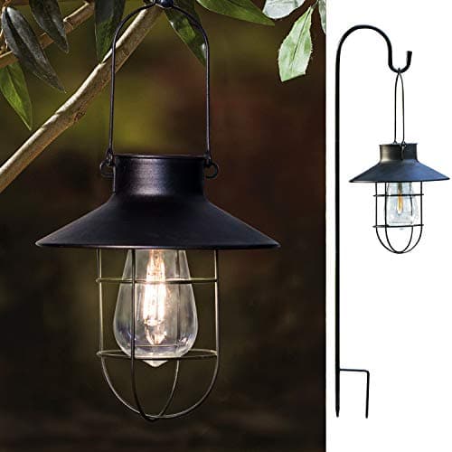 EKQ ROJOY 1Pack Upgrade Hanging Solar Lights Lantern with 1 Shepherd Hook,Metal Solar Waterproof Lantern for Pathway Garden Outdoor (1Pack) (Black)