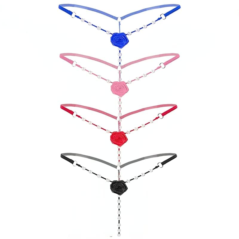 Women's Pearl T Back G String Embroidery Rose Flowers Beaded Thong Panty Underwear Sexy Micro Underpant Christmas