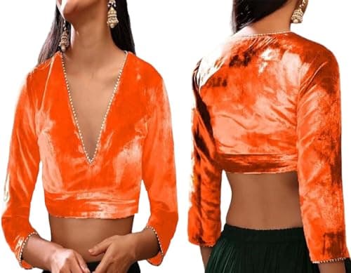 The India's Store Indian Women's Stylist Velvet Saree Blouse Stitched, Sari Choli/Top V-Neck, 3/4 Sleeve with Gotta Patti