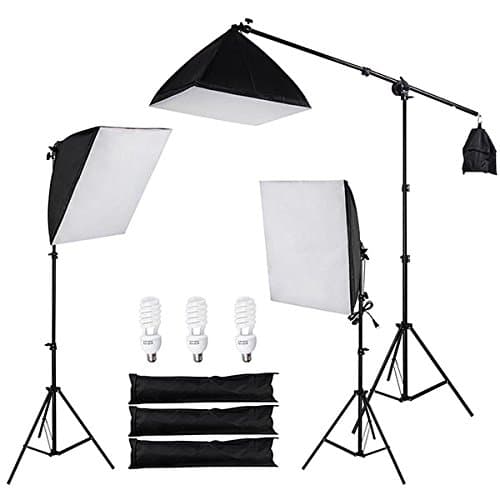 3 Point Softbox Lighting Boom Arm Photography Studio Kit: 3x 24" x 24" Soft Boxes, 3x 45W Bulbs, 2x Tripod Stands, 1x Boom Stand