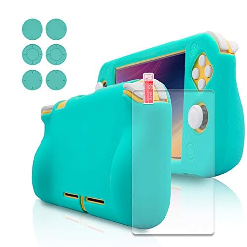 Silicone Grip Case for Nintendo Switch Lite, Soft Rubber Case for Switch Lite with Tempered Glass Screen Protector and 6 Thumb Grips - Turquoise