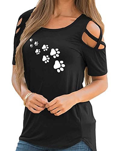 Rfecccy Women's Dog Paw Print Cold Shoulder Short Sleeve T Shirts Crew Neck Tops