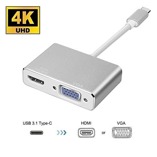 USB C To HDMI 4K VGA Adapter, HuDieM USB 3.1 Type C USB-C to VGA HDMI Video Converters Adaptor for 2017/2016 Macbook/ Chromebook Pixel/ Lenovo 900/ Dell XPS/ Samsung Galaxy S8/S8 Plus, Silver