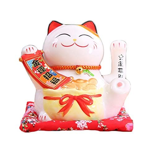 Chinese Feng Shui White Lucky Waving Cat Figure With Moving Arm Maneki Neko Waving Fortune Cat L16*W14*H16cm, E