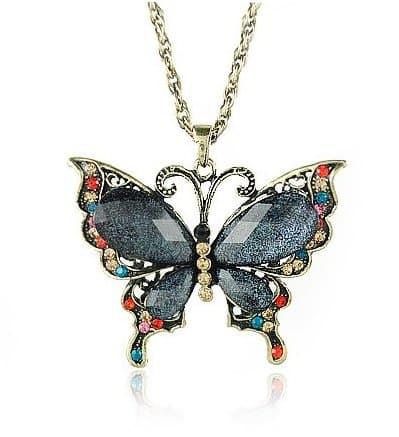 Chic Multicolor Rhinestone Crystal Antique Bronze Plated Big Butterfly Wings Pendant Retro Fashion Alloy Long Necklace FREE Pouch