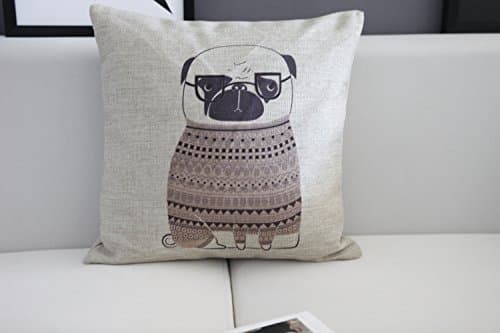 Cartoon Lovely Dog Sweater Pug with Glasses Pattern Cotton Linen Cushion Cover / Throw Pillow Case / Pillowcase