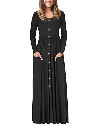 VOTEPRETTY Women's V Neck Long Sleeve Casual Loose Button Maxi Dress with Pockets