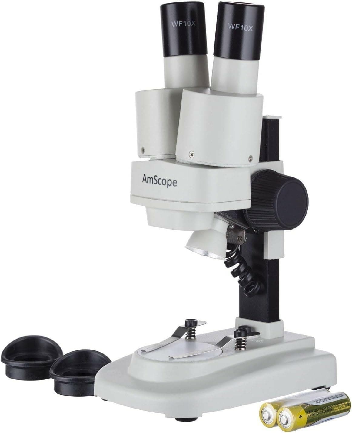 AMSCOPE-KIDS SE100X Portable Binocular Stereo Microscope, WF5X and WF10x Eyepieces, 10X and 20X Magnification, 2X Objective, Tungsten Light Source, Reversible Black/White Stage Plate, Battery-Powered