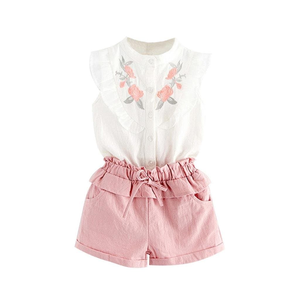 Moonker Toddler Kids Baby Girl Summer Outfit Clothes Embroidery T-Shirt Tops Shorts Pants Set