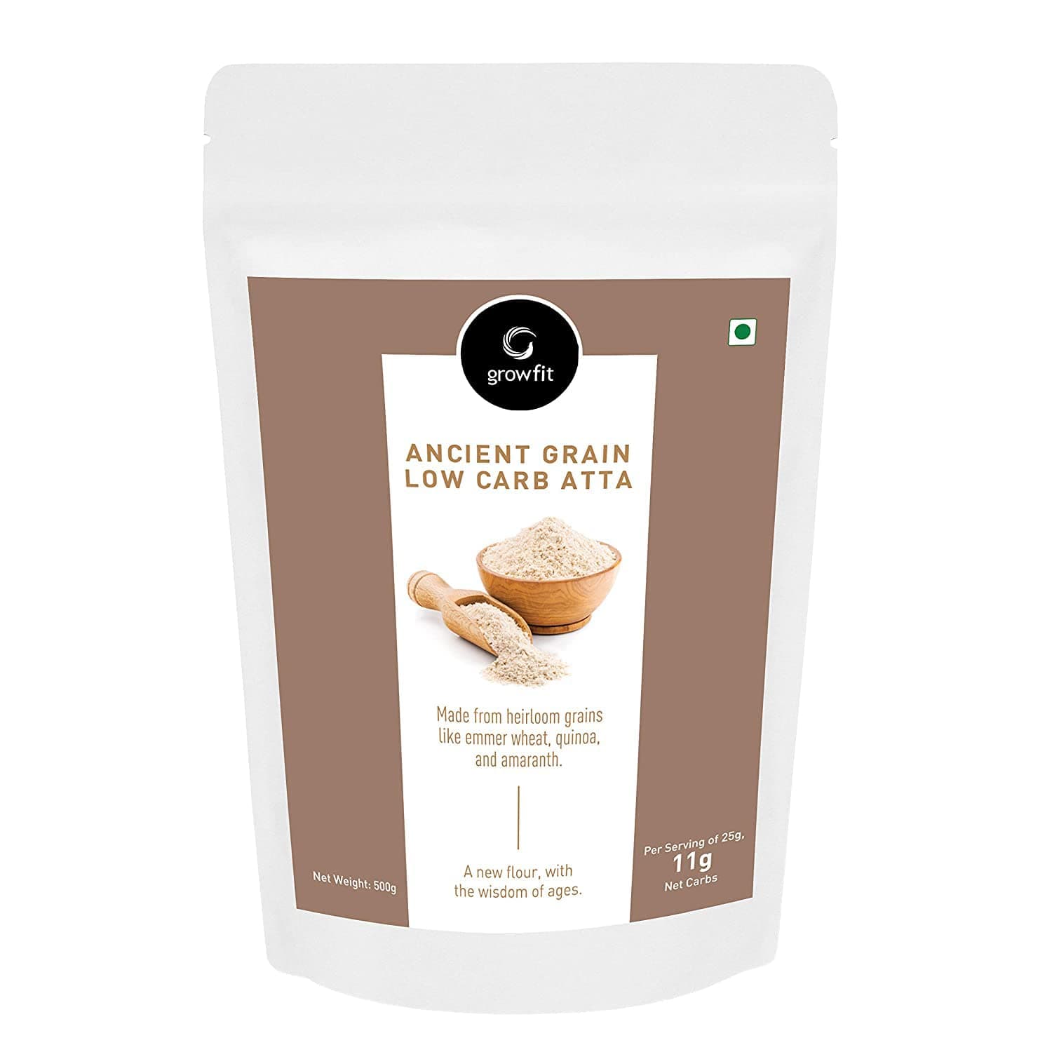 G growfit Ancient Grain Low Carb Atta (500gm), with Quinoa, Amaranth, Emmer Wheat & Psyllium Husk