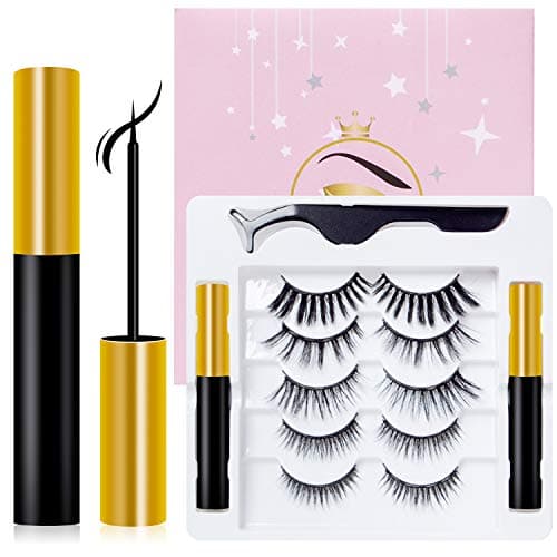 Trooer Magnetic Eyelashes Kit 3D Charming Waterproof Magnetic Eyelashes With Eyeliner Set 2 Tubes of Magnetic Eyeliner and 5 Pairs Reusable Magnetic lashes For All Occasions No Glue needed