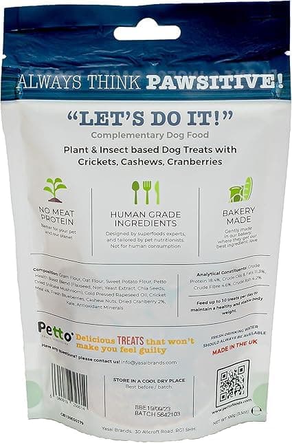 Petto Plant & Insect Based Hypoallergenic Dog Treats 6 x 100g | Healthy & Meat-Free Training Bites | Human Grade & Bakery Made with Crickets, Cashews & Cranberries