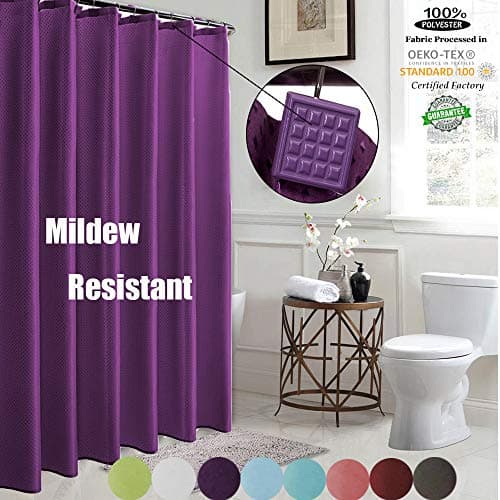 ROYACOR Fabric Shower Curtain with 12 Polyresin Hooks, Water-Repellent Rustproof Bath Curtain, 72x72 Non Toxic 100% Durable Polyester Shower Curtain Liner, Machine Washable,Easy to Install-Purple