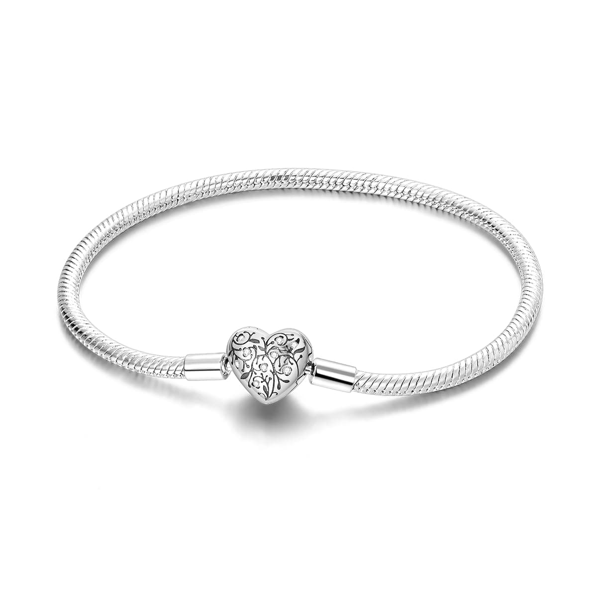 Charm Bracelet for Women Sterling Silver, Heart Clasp Snake Chain Bracelet Travel Charm Moments European Bracelet Jewelry Compatible with Pandora Charms, Gift for Her