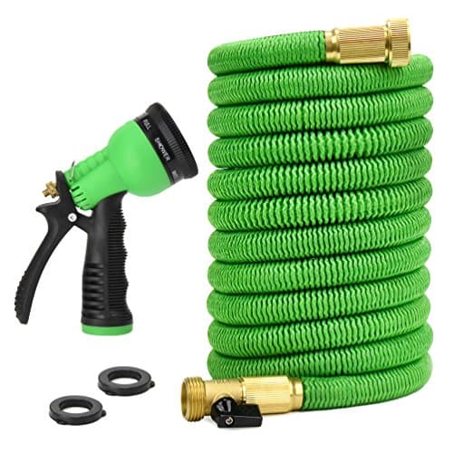 Glayko Tm 25 Feet Expandable Garden Hose - NEW 2017 Super Strong Construction- Strong Webbing -Solid Brass End + 8 Function Spray Nozzle and Shut-off Valve, Green