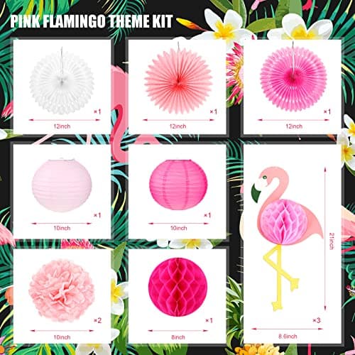 Tropical Pink Flamingo Party Decorations Set, Pom Poms Honeycomb Balls Paper Fans and Lanterns, 50 Plastic Drinking Straws and 12 Inflatable Pool Drink Holders for Hawaiian Summer Beach Party Favors