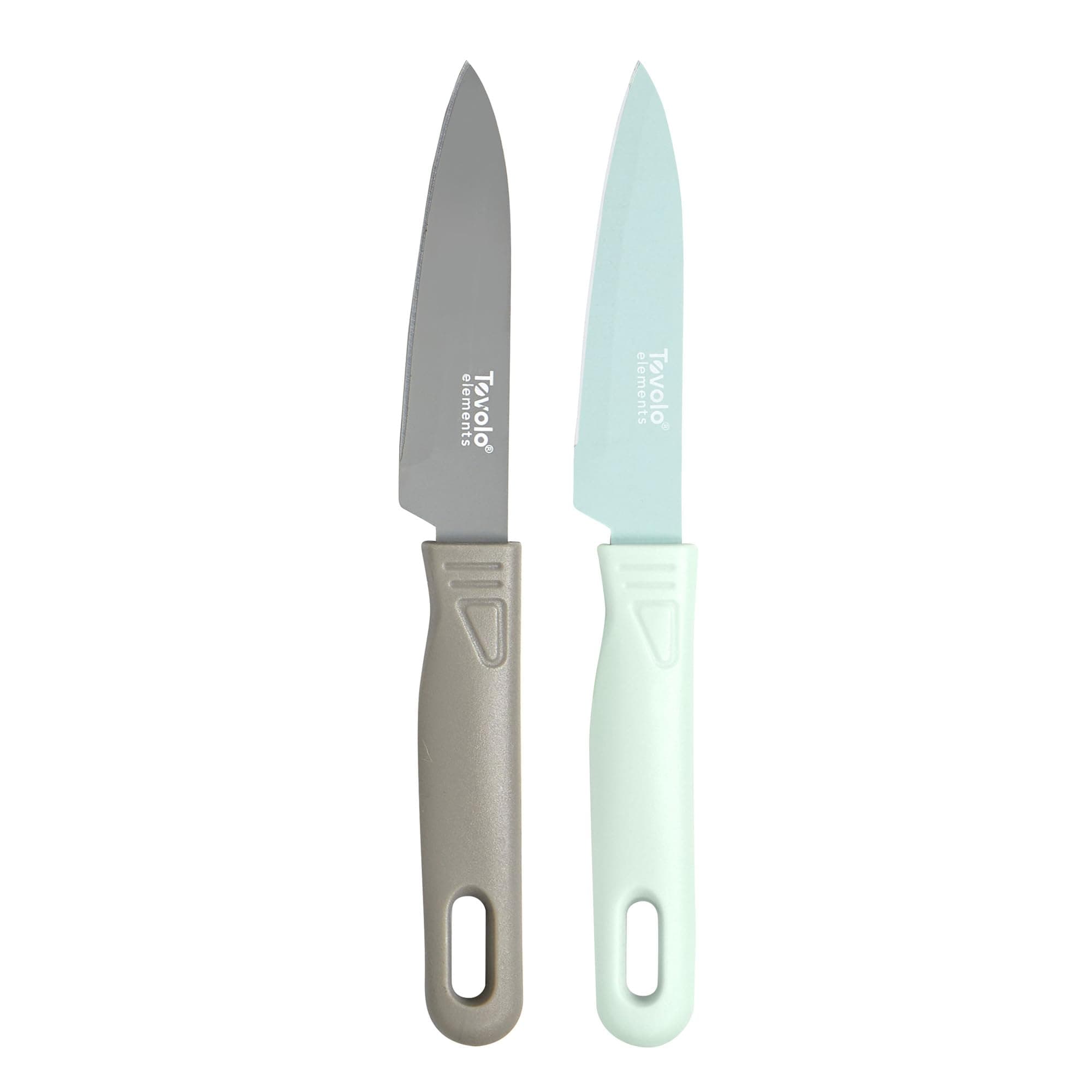 Tovolo 8" BONUS Protective Blade Covers Stainless Steel Kitchen Knives With Comfort-Grip Handles for Cutting & Slicing, Paring Knife Set of 2, Mint & Cool Gray