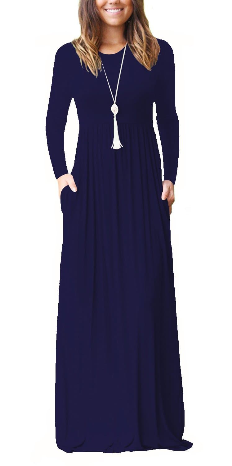 OFEEFAN Women's Long Sleeve Pockets Pleated Loose Swing Casual Maxi Dress