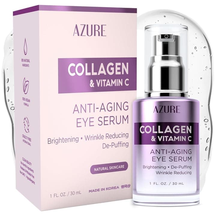 Azure Cosmetics Collagen & Vitamin C Anti Aging Eye Serum - Toning, De-Puffing Serum - Reduces Wrinkles, Fine Lines & Dark Circles - Minimizes Fatigue - Skin Care Made in Korea - 30mL / 1 fl.oz.