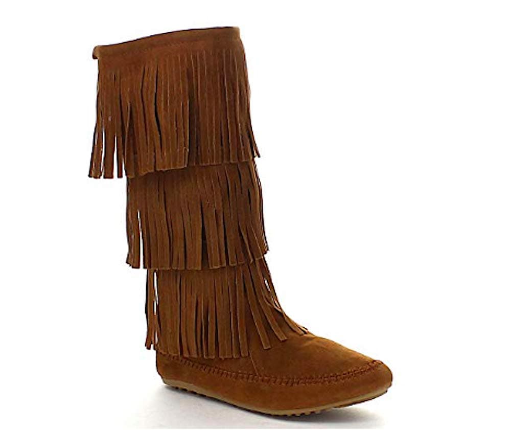Women's Moccasin Layered Fringe Tall Tassle Dress Boots in Black, Camel