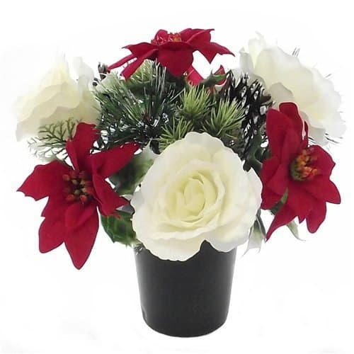 Artificial Christmas Crem/Graveside Pot With Red Poinsettias, white Roses and pine cones