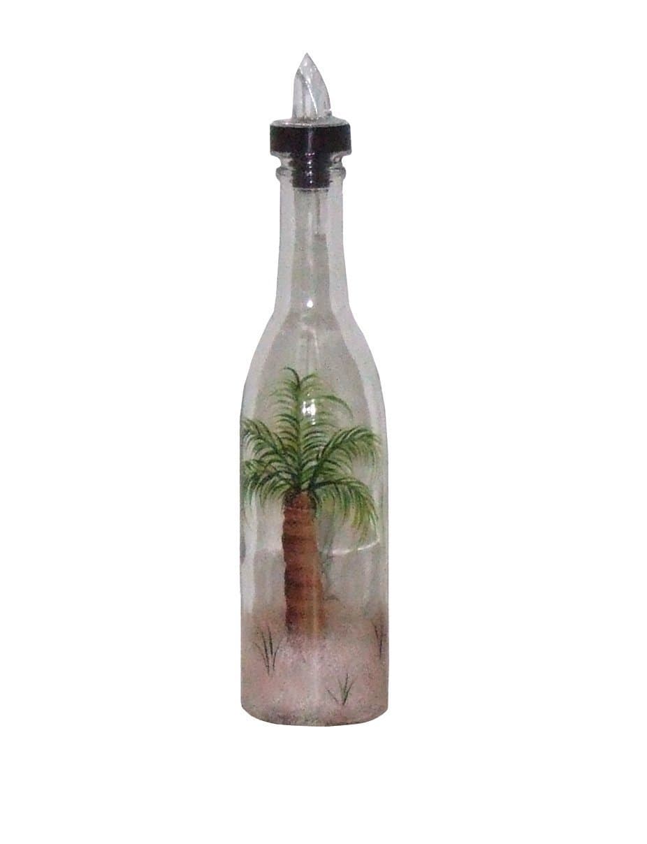 King Palm Tree Design Clear Glass Pour Spout Bottle. Hand Painted. One of a Kind.