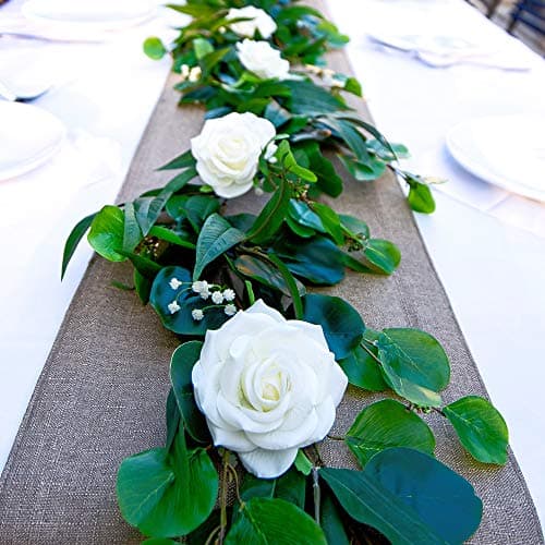 Cebliss Rose Garland -5 ft Artificial Real Touch Latex White Rose Flowers with Green Eucalyptus Leaves for Hanging Decor,Table Runner,Wedding Arch,Centerpieces,Reception