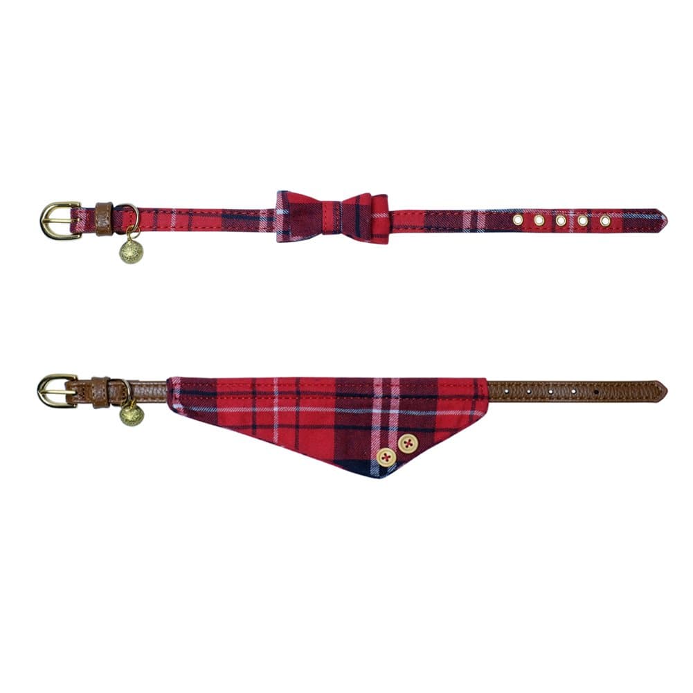 Dog Cat Collars Leather for Small Pet Adjustable Bow-tie and Scarf Puppy Collars with Bell Cute Plaid Bandana Dog Collar(2 Pack) (red Plaid)