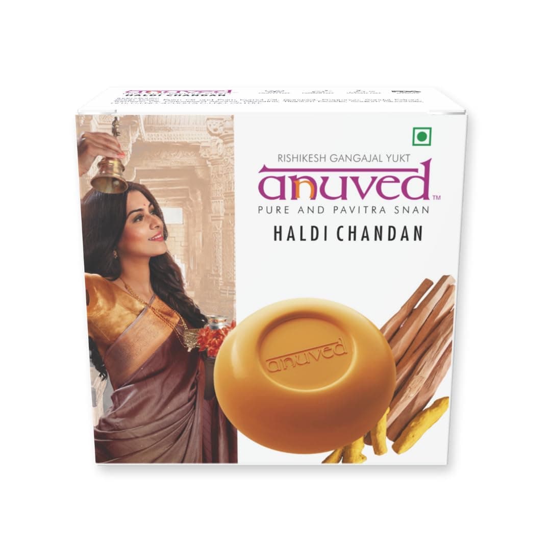 Anuved Haldi Chandan Soap | Pack Of 6 | 125g Each | Turmeric & Sandalwood Soap for Acne, Dark Spots & Skin Brightening | Enriched with Rishikesh Gangajal | Paraben & Cruelty Free