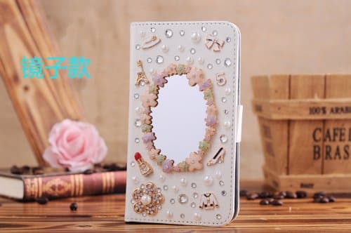 PUNKPHONE Handmade 3d Rhinestones Bling Gem Flower Pearl Bow Flip Whte Leather Wallet Card Case Cover For (iPone 5/5s, Mirror)