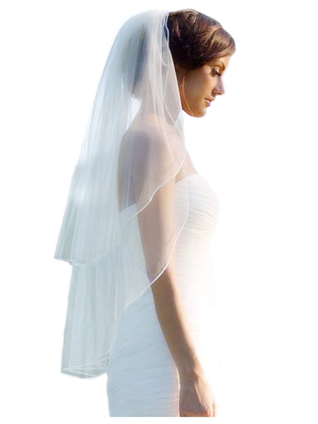 2 tier Wedding Veil Fingertip Length with Pencil Edge Soft Bridal Blusher Veil with Comb