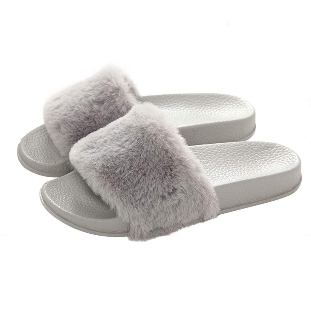 Women's Slippers Fuzzy Slides, Fluffy Sandals Faux Fur Flip Flops Open Toe Soft Indoor Outdoor