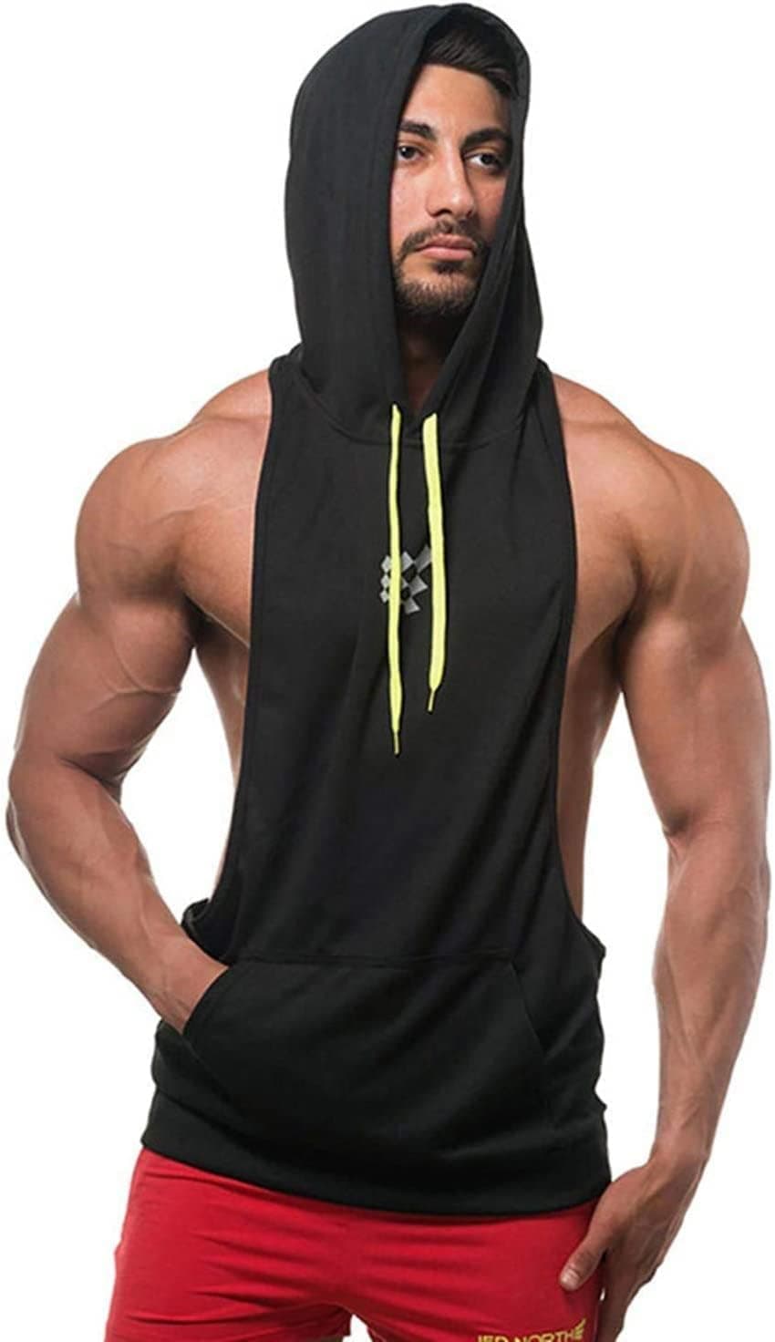 Men's Sleeveless Hoodie, Quick Dry Gym Wear Muscle Hoodie Vest, Workout Bodybuilding Clothing, Lifting Tank Tops, Moisture Wicking Clothes, Running Hooded Vest for Men