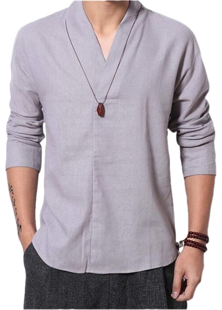 Cafuny Men's Casual Long Sleeve Solid Gentle Style Natural Linen Henley Popover Shirt
