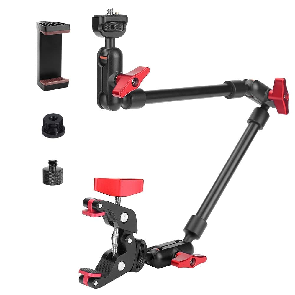 JEBUTU 22" Magic Arm w Clamp Mount, Overhead Desk Phone Mount Stand, Adjustable Articulating Friction Camera Boom Arm w 1/4" Thread for Phone Video Light Webcam Action Camera Tripod Mic