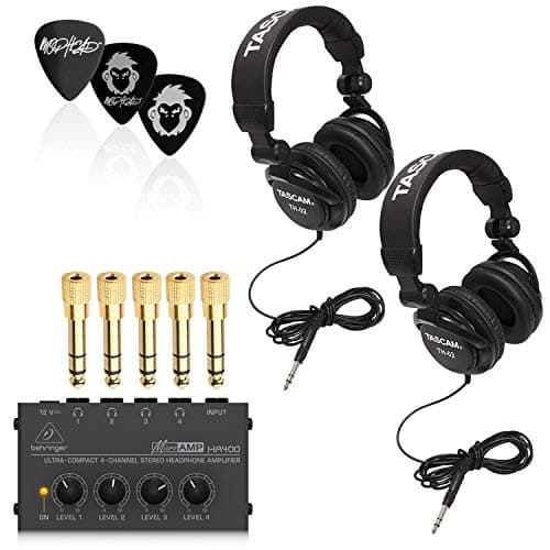 Behringer HA400 Microamp 4-Ch Headphone Amplifier Bundle with 2X Tascam TH-02 Closed Back Headphones and 3 Premium Medium Mophead Guitar Picks