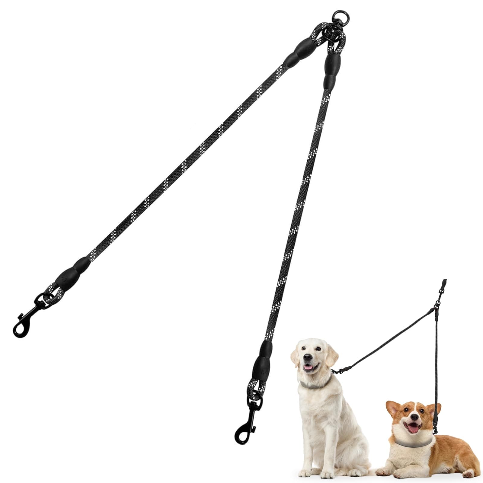 Taglory Double Dog Leash | Reflective Rope | No Tangle | Double Leash for Two Dogs | Puppy Small Medium Breeds | Black