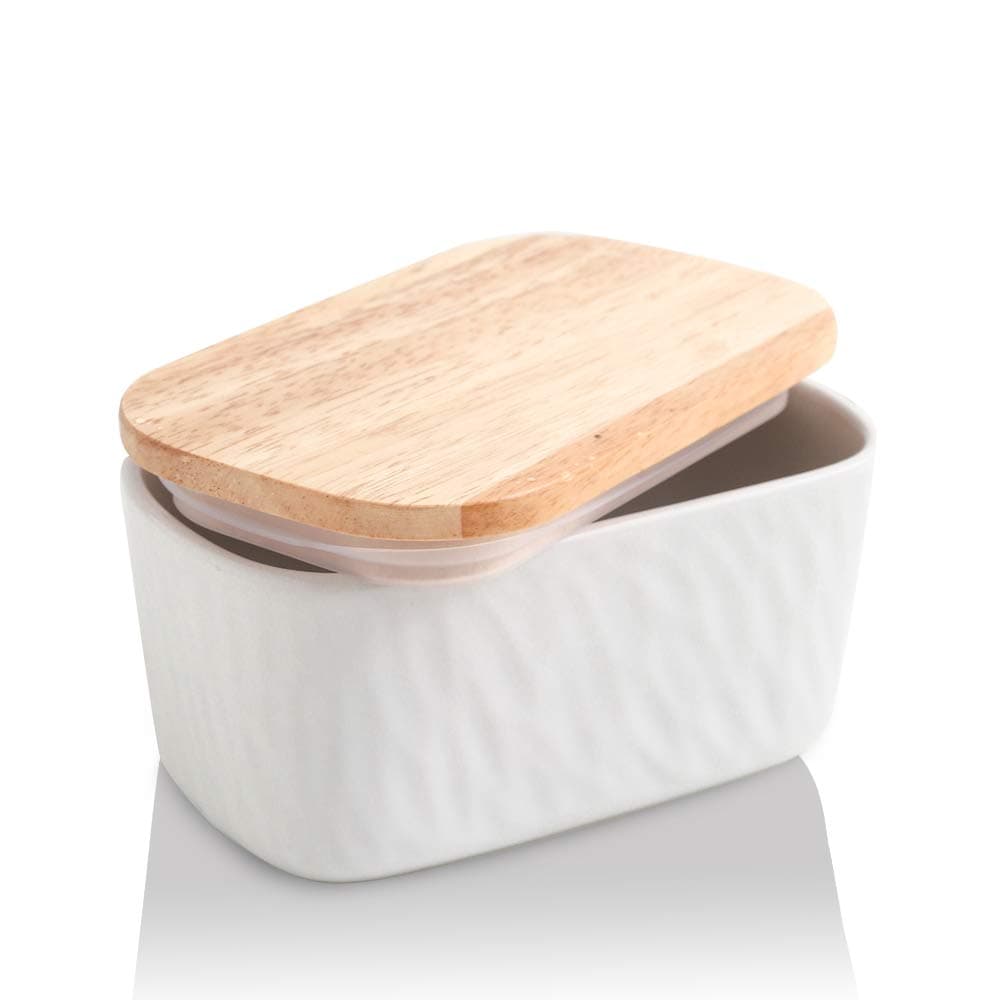 KOOVPorcelain Large Butter Dish with Lid for Countertop, Airtight Butter Container with Oak Lid, Butter Crock, Perfect for 2 Sticks of Butter, Texture Series (White)