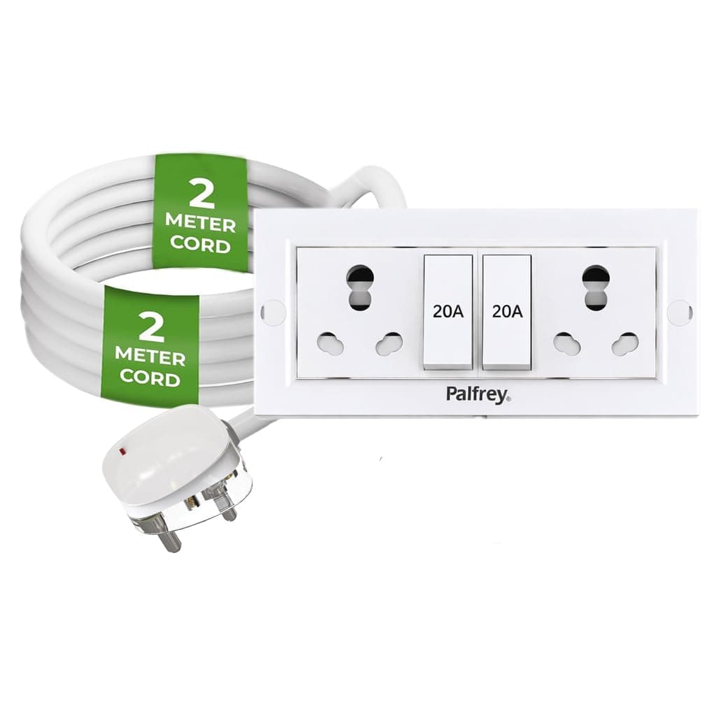 Electric Extension Board 16A/20A + 16A/20A with Two Switch and Heavy Duty 2 Meter Wire (White)