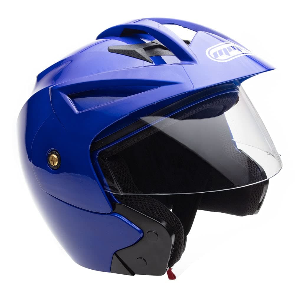 - (Model 20) Motorcycle Open Face Helmet DOT Street Legal - Flip Up Clear Visor (M, Shiny Blue)