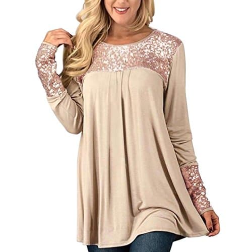 Goddessvan Women's Tops Long Sleeve Sequins O-Neck Casual Tunic Blouse Shirt Pullover (2XL, Beige)