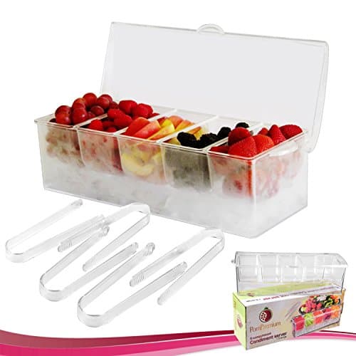 Chilled Condiment Server with 4 Compartments + 4 FREE Tongs I Removable Condiment Containers on Ice Tray Bundle