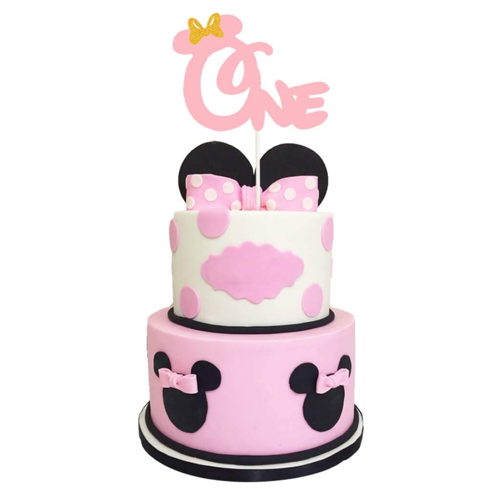 Minnie Mouse Cake Topper, Pink and Gold Glitter Minnie Mouse Theme Party Cake Decor, Minnie Mouse Baby Shower Party Supplies Decorations