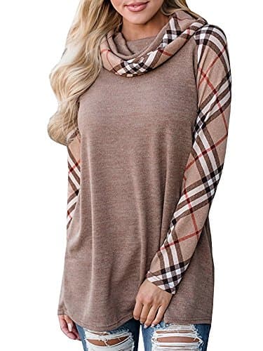 Womens Cowl Neck Sweatshirt Pullover Shirts Long Sleeve Plaid Raglan Tunic Tops Khaki