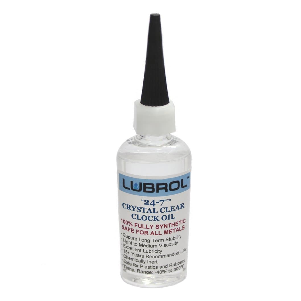 LUBROL "24-7" Crystal Clear Clock Oil, for All Type Clocks, Qty. 1 oz. - 30 mL, 100% Fully Synthetic, Exceptionally Pure, 15+ Years Life, for All Metals and Plastics.