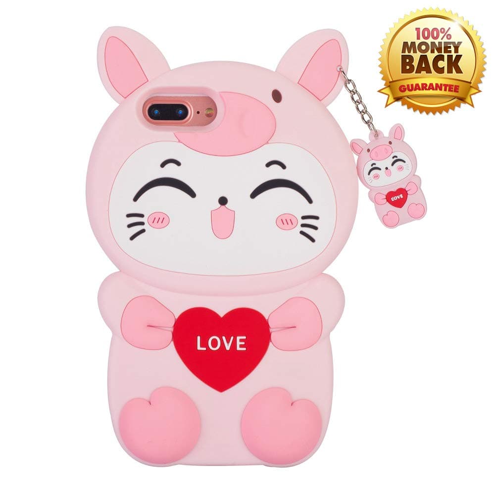 3D Pink Cat Case for iPhone 8 Plus/7Plus/6S Plus/6 Plus (5.5"), Cute Cartoon Animal Soft Rubber Silicone Shockproof Drop Protection Skin Funny Unique Durable Bumper Case for Girls Boys Kids
